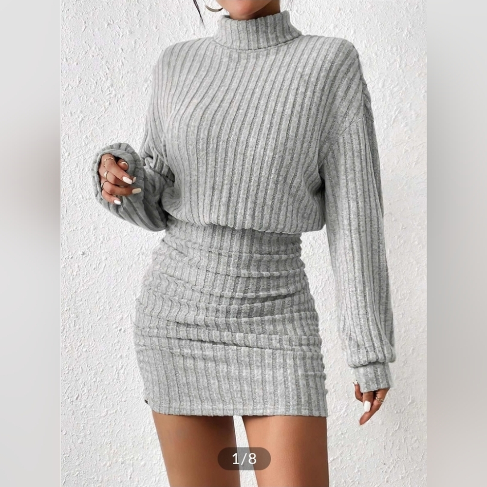 Commense Ribbed Knit Mini Dress in Dark Gray